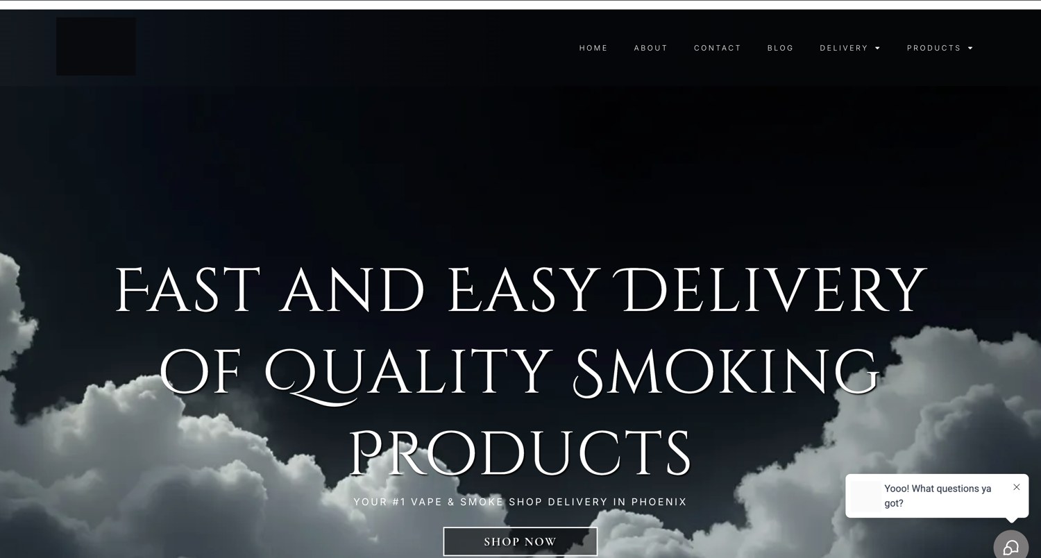 Delivery storefront home page with product navigation and a live chat assistant