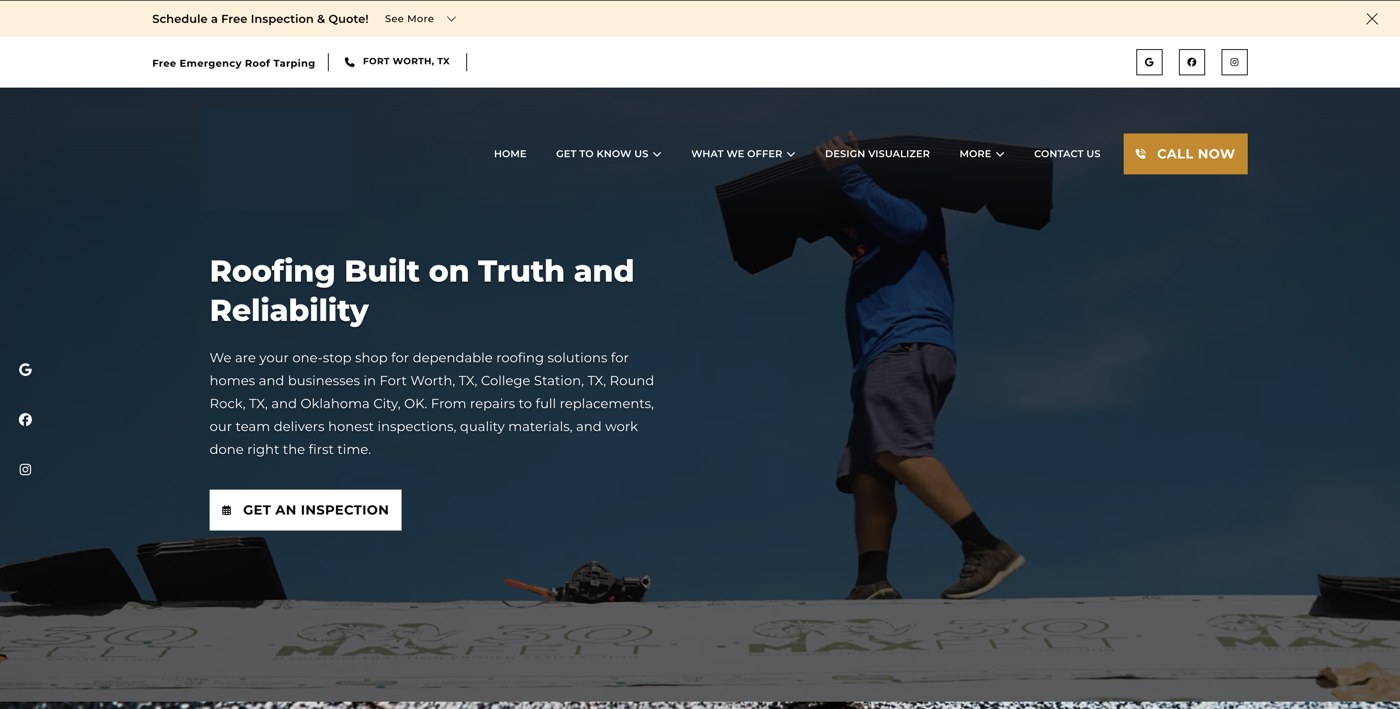 Roofing contractor home page with free inspection booking