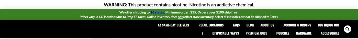 Storefront navigation with product categories, account access and delivery options